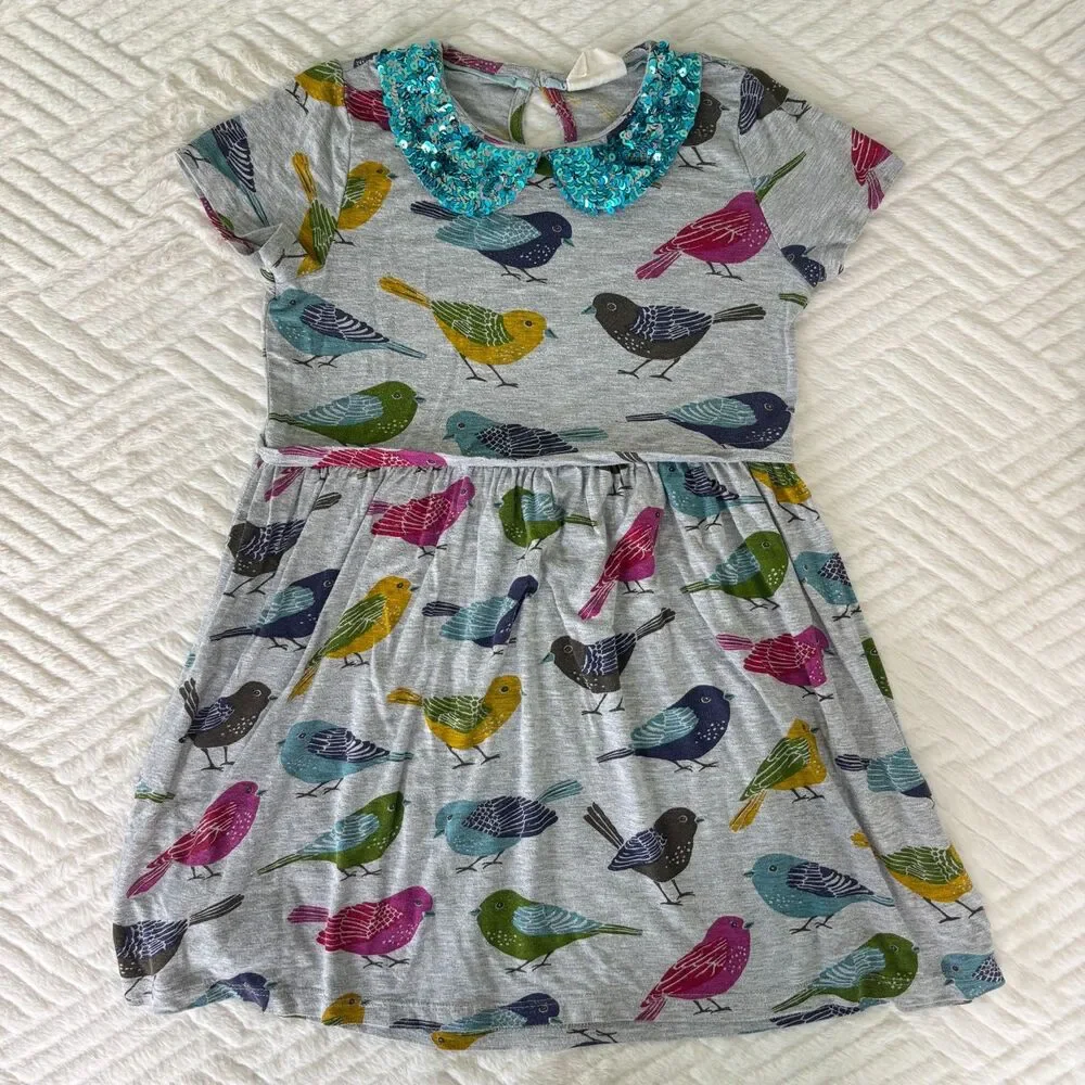 Mini Boden Girls Size 6-7 Bird Print Dress Sequin Peter Pan Collar Gray